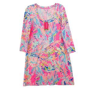 NWT LILLY PULITZER Devon Dress Sunken Treasure Tiki Pink 3/4 Sleeve Modal SMALL